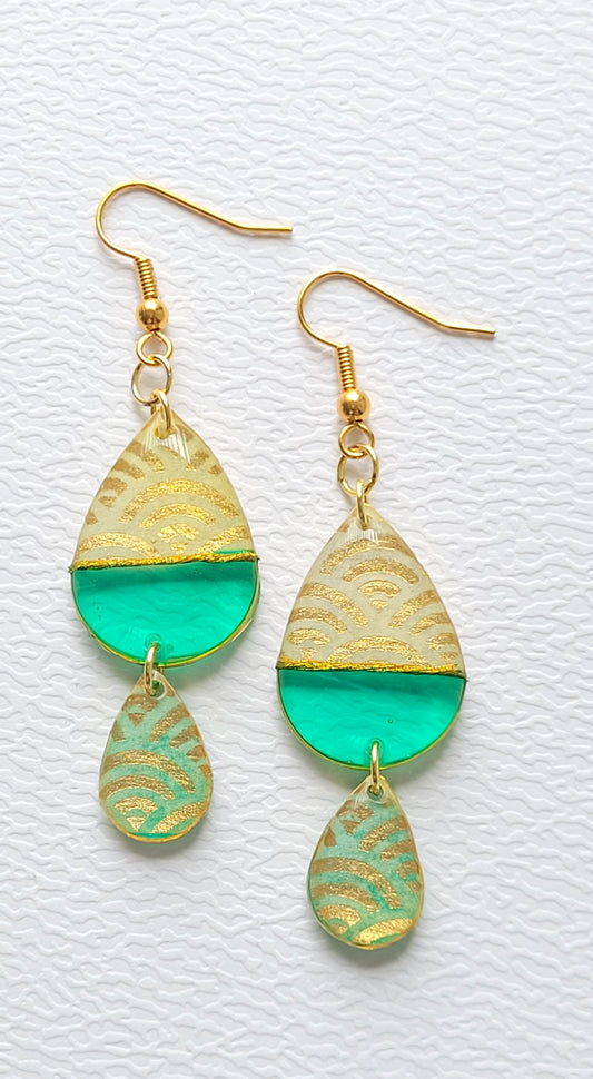 R116. Green 2 Teardrop Earrings