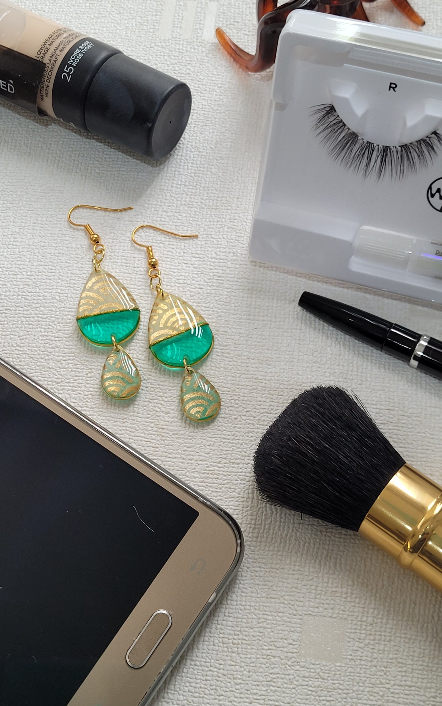 R116. Green 2 Teardrop Earrings