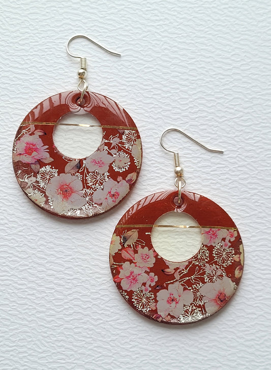 W104. Burgundy & Floral Circle Earrings