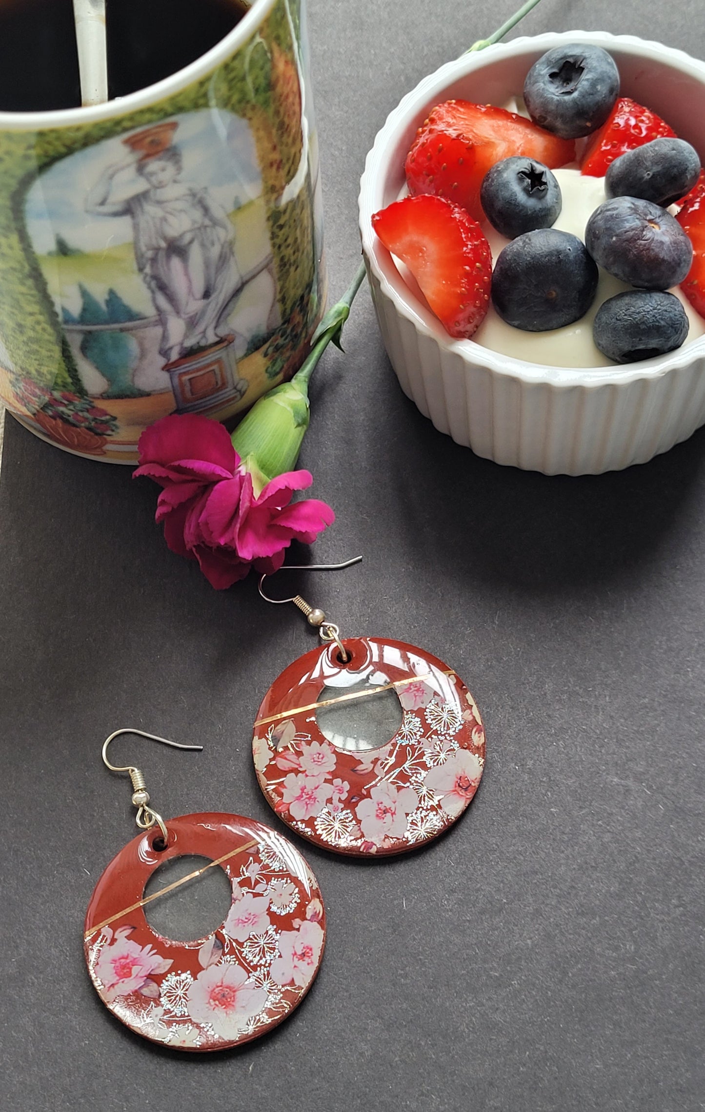 W104. Burgundy & Floral Circle Earrings