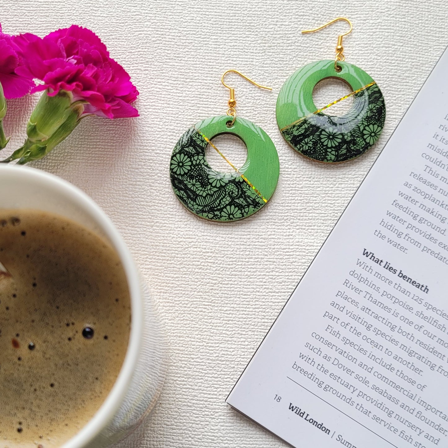 W105. Green & Lace Circle Earrings