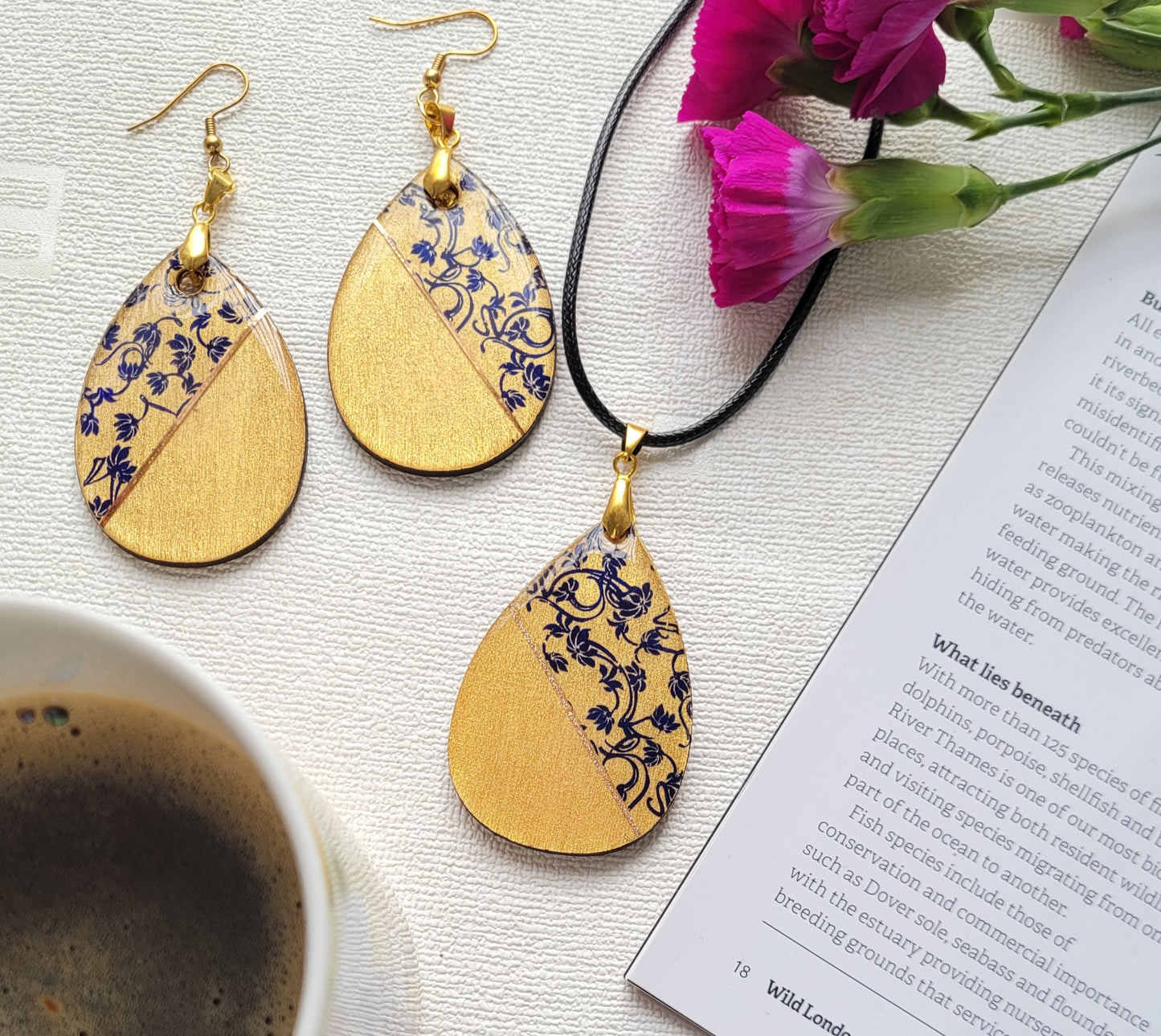 W107. Gold & Floral Teardrop Pendant