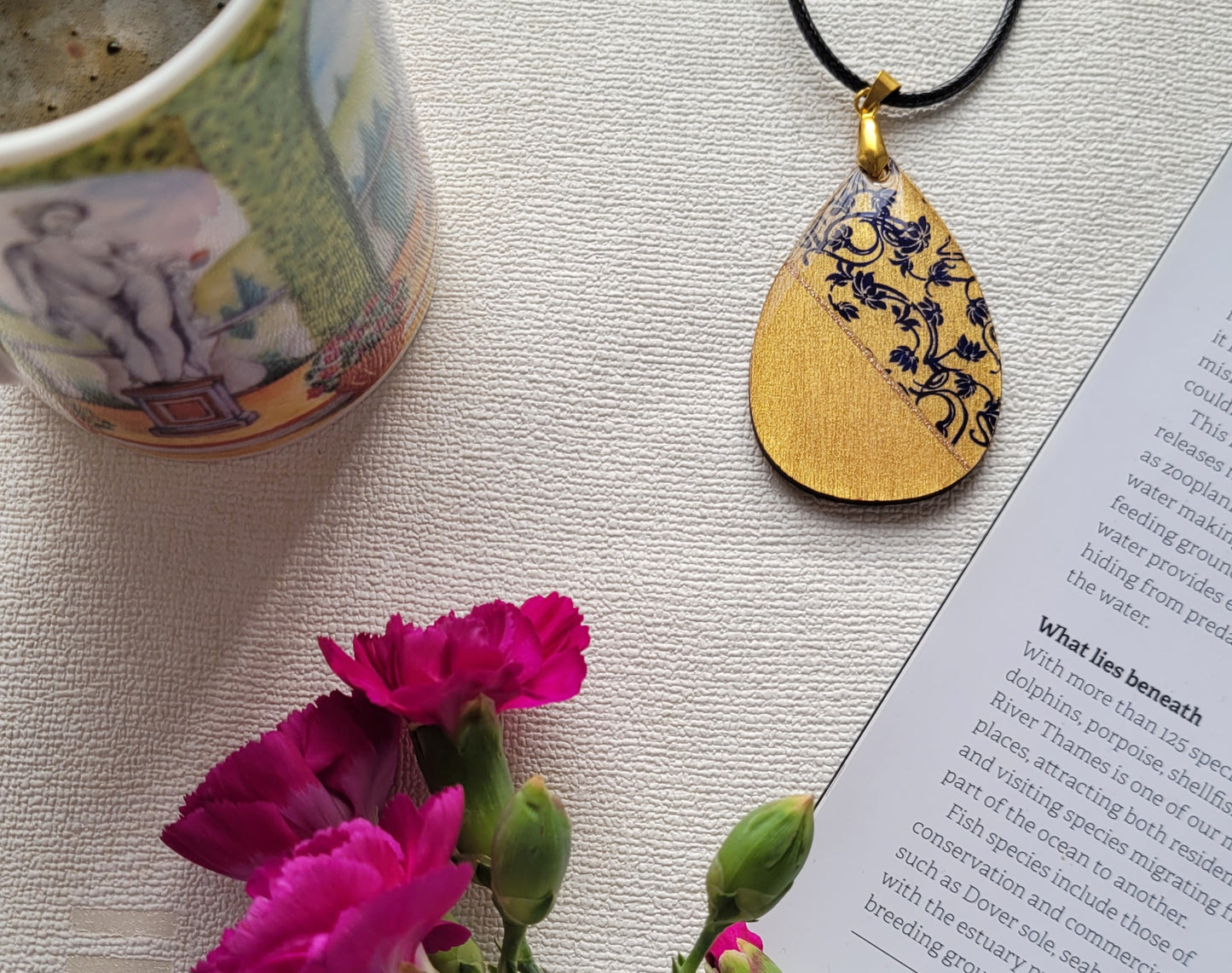 W107. Gold & Floral Teardrop Pendant