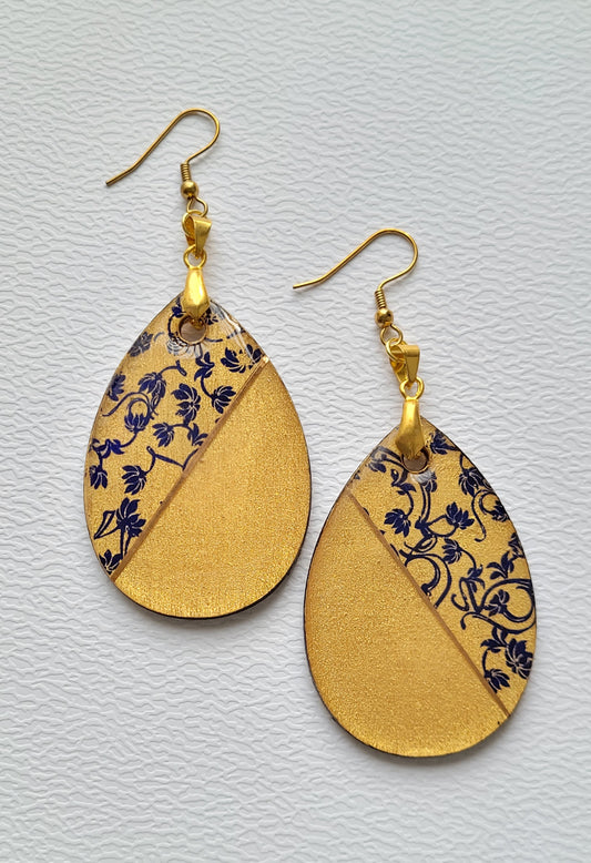 W108. Gold & Floral Tear Drop Earrings