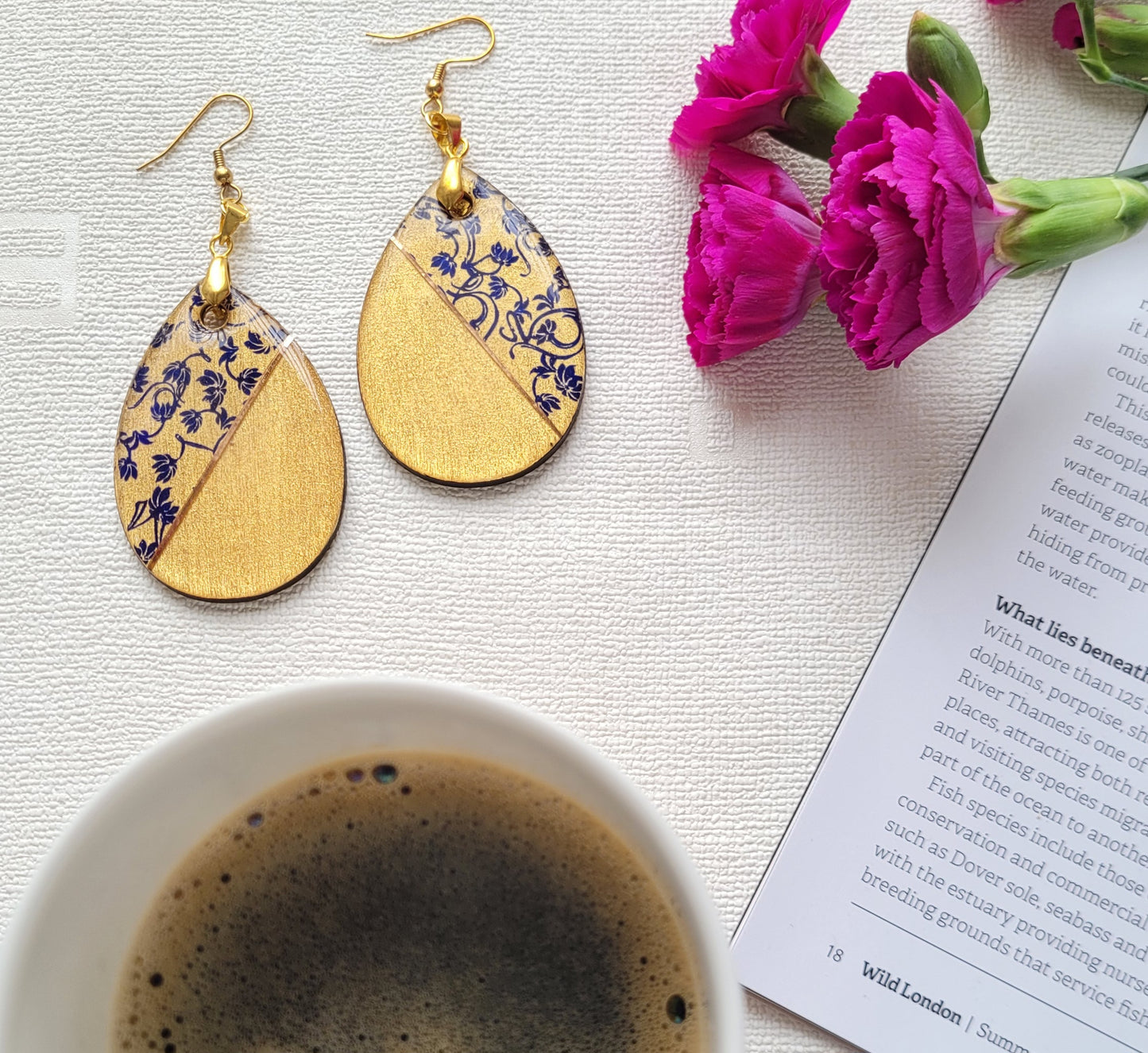 W108. Gold & Floral Tear Drop Earrings