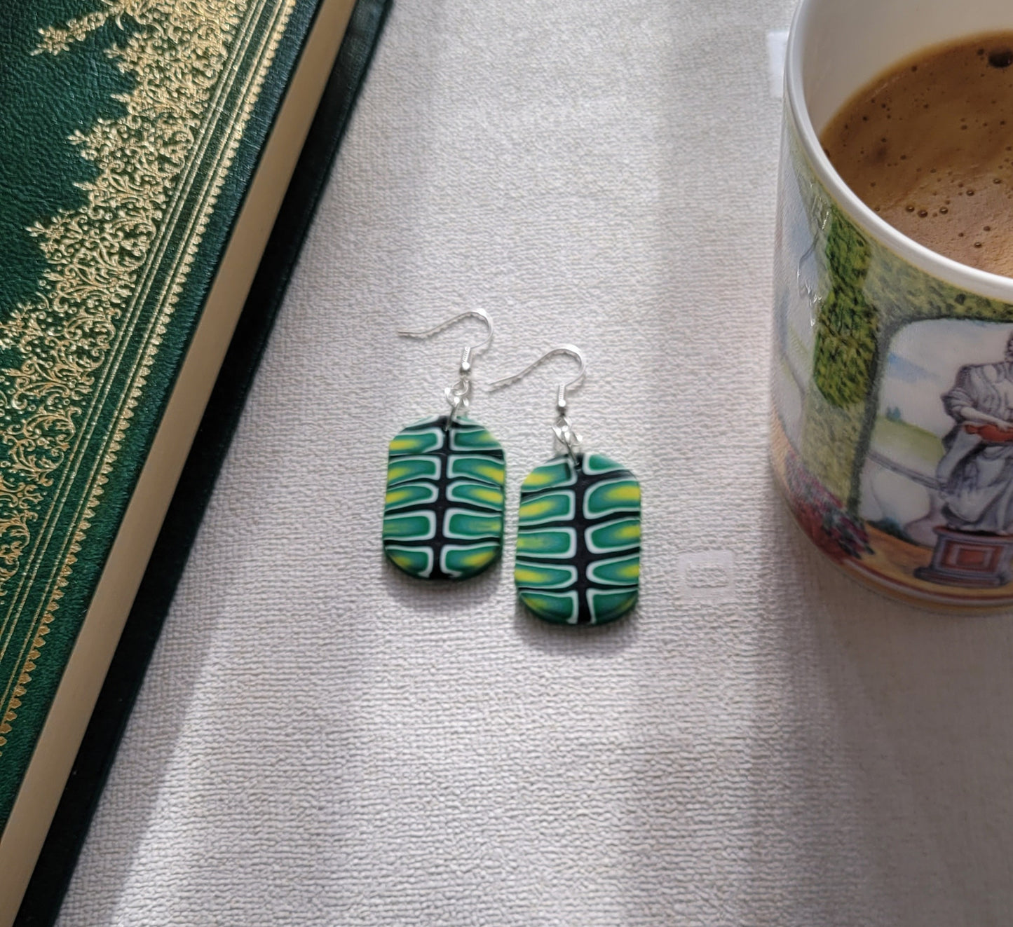 PC101. Green Jungle Leaf Rectangle Earrings