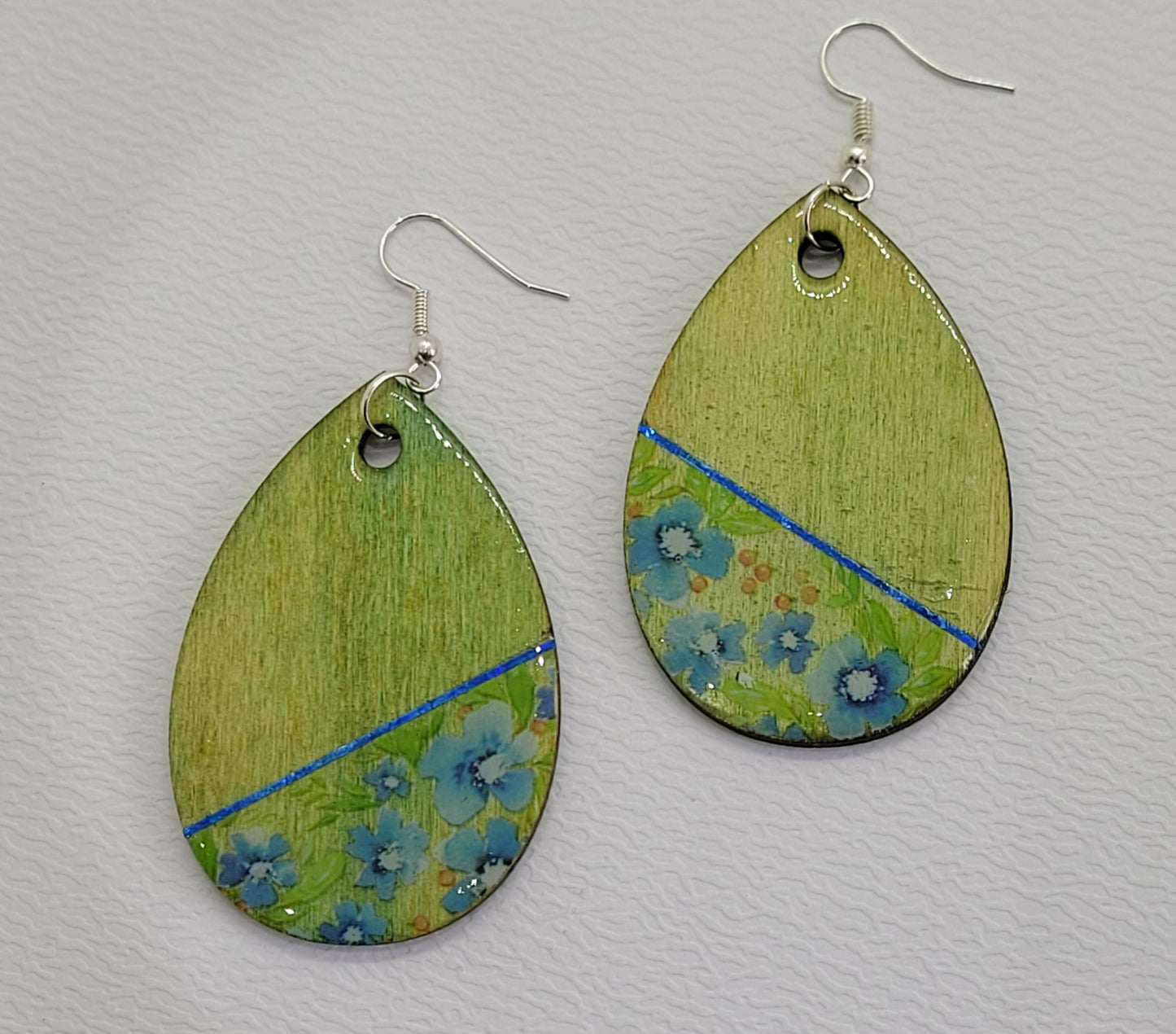 W109. Green & Floral Tear Drop Earrings